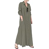 Ladyful Women's Button Down Cotton Linen Shirt Dress Long Sleeve Maxi Shirtdress Beach Summer Dress Pockets