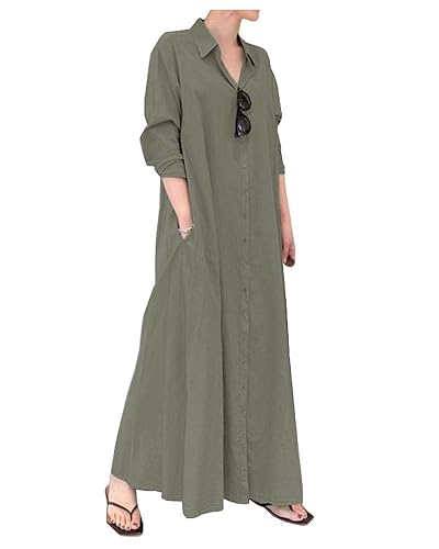 Ladyful Women's Button Down Cotton Linen Shirt Dress Long Sleeve Maxi  Shirtdress Beach Summer Dress Pockets Green in Dubai - UAE | Whizz Dresses