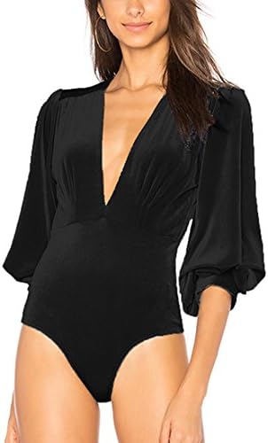 Destinas Women's Slim Deep V Neck Ruffle Half Sleeve Velvet Leotard Jumpsuit Bodysuit Tops M Black