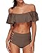 Memory baby Women Two Piece Off Shoulder Ruffled Flounce Crop Bikini Top with Print Cut Out Bottoms (M, Cappuccino Gray)