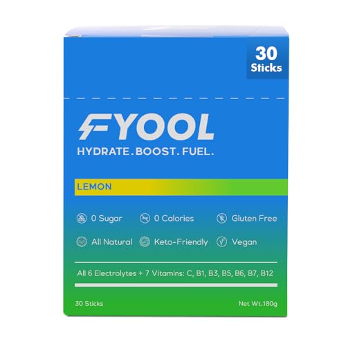 Fyool Hydration Electrolyte Powder | Electrolytes + Vitamins & Minerals | Zero Sugar & Calories | Energy Boost | Gluten-Free | Travel Essentials | Lemon Flavour | 30 Stick Packs