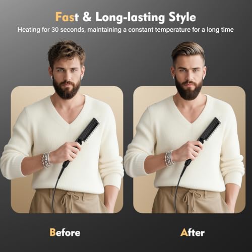 VIKICON Beard Straightener for Men, Mini Electric Beard Straightener, 30s Quick Heated Brush Comb, Ionic Hair Straightener for Styling Long and Short Beard
