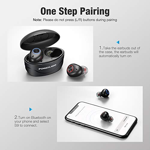 Bluetooth Earbuds Wireless, POWERADD True Wireless Earbud Bluetooth 5.0 Bass Stereo Headphones - IPX7 Waterproof & Noise Cancelling & Ergonomic in-Ear Earphones with Charging Case & Microphones, Black