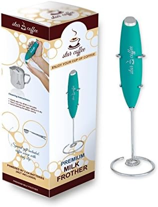 Star Coffee Powerful Milk Frother with Stand - Includes BONUS GIFTS Scoop w/Bag Clip, Microfiber Cloth &amp; eBook - Stainless Steel Whisk - Ideal Mixer for Coffee, Latte, Drinks