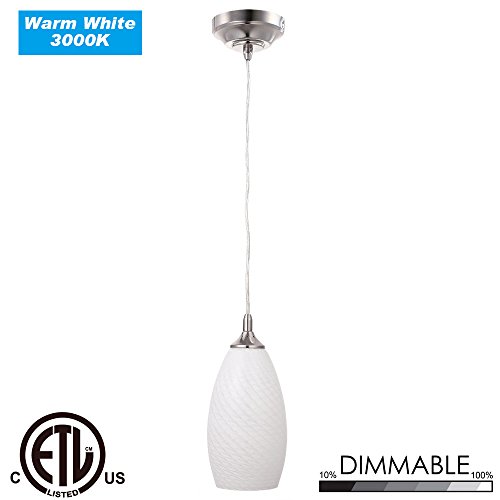 Cloudy Bay LMP9830ART-614 LED Mini Pendant,Kitchen Island Pendant Lighting,3000K Warm White Dimmable 9W 500lm,Brushed Nickel with White Glass