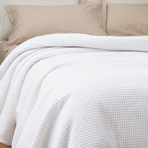 PHF 100% Cotton Waffle Weave Blanket Double Size 150 x 200cm, Pre-Washed Lightweight Breathable Throw Blanket, Oeko-TEX Certified for Bed Sofa, Home Decor, White