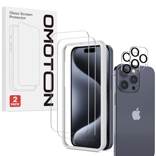 OMOTON Screen Protector for iPhone 15 Pro with Camera Lens Protector, Easy Installation Tool, Premium Tempered Glass Film for iPhone 15 Pro, Anti-Scratch, 9H Hardness, HD Clear, 2+2 Pack