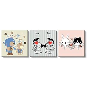 Canvas Wall Art Children Funny Animals Painting Artwork for Home Prints Framed - 12"x12"x3 Panels