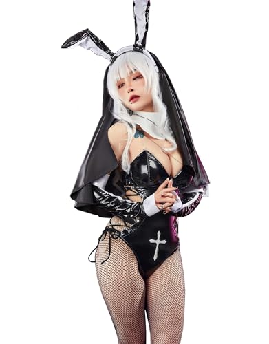 Mobbunny Halloween Bunny Girl Cosplay Costume for Women Nun Cosplay Bodycon Lace-up Bodysuit with Headband and Gloves