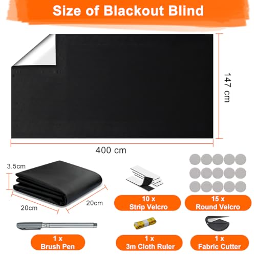 Blackout Blind 147x400cm, No Drill Window Cover for Bedroom Portable Blackout Blinds Stick On Window Curtains with Tools, 420D Oxford DIY Darkening Black Out Privacy Shade for Home Office Car Travel