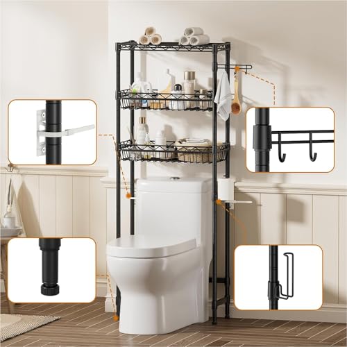 LOKOOY Estantería sobre el Inodoro, Organizador de Baño de 7 Niveles Ajustable, Mueble para Inodoro, Ahorro de Espacio con Ganchos (Negro Moderno)