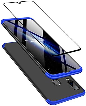 JOYTAG Compatible For Samsung A40 case, Tempered glass film 360 degrees ultra thin Matte All-inclusive Protection 3 in 1 PC Phone case cover- Blue black