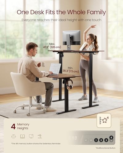 VASAGLE Electric Standing Desk, Height Adjustable Desk, Sedentary Reminder, 4 Memory Heights, for Home Office, 120 x 60 cm, Rustic Brown ULSD312KD02