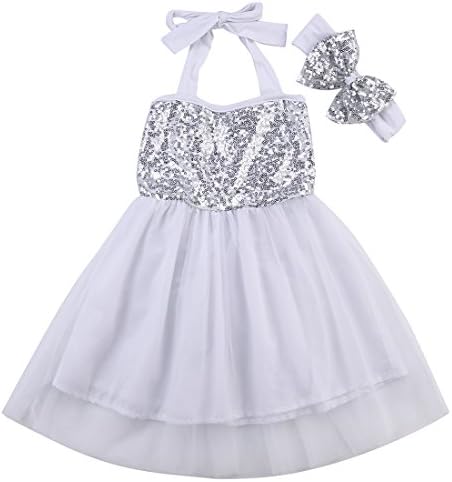 Newborn Baby Toddler Girls Princess Party Wedding Gown Sequin Tutu Fancy Dress With Hairband (70(0-6months), White)