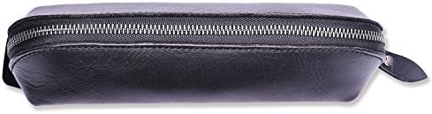 ALLURVEN Genuine Leather Handmade Pencil Holder Cosmetic Pouch Makeup Bag with Zipper Closure (Black)