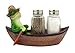 Croak Creek Canoe Resin Frog in Canoe Figurine with Glass Salt and Pepper Shaker Set Holder, 7 Inch