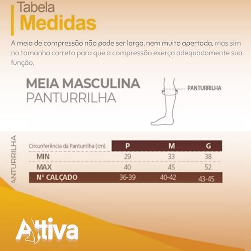 Meia de Compressão Masculina 3/4 Panturrilha Média 18-21 mmHg ATTIVA - Meia para Circulação, Varizes, Pernas Inchadas e Cansadas - Ideal para Trabalho, Viagem e Conforto Diário