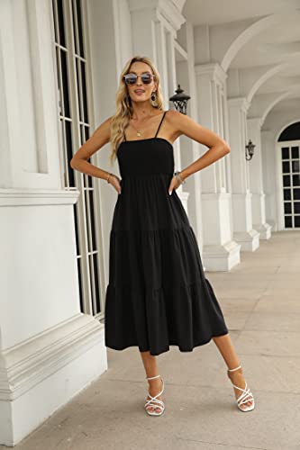 Women\'s Summer Maxi Dress Casual Bohemian Floral Flowy Smocked Sundress Tiered Swing A Line Tiered Cocktail Sleeveless Black