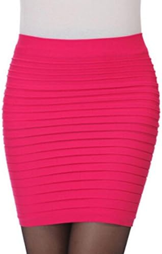 Finerione Womens Elastic Pleated High Waist Short Skirt OL Style (Free Size, Hot Pink)