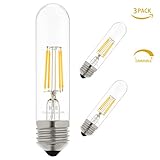 Led Filament Bulb Tubular Retro Vintage Edison T10 Style, Dimmable, E26 Medium Base, Warm Color Light, 450 Lumens, 40 Watt Incandescent Equivalent (Clear Color Glass, 4 Watt, Pack of 3)