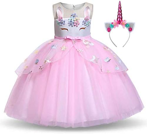 Girls Unicorn Dress Party Dress up Outfit Unicorn Halloween Costume with Headband, Age 3-10 Years