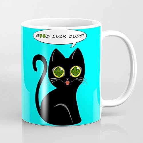 LVYZIHO Mug - Good Luck Dude! - Black Cat With Real Fourleaf-Clover Eyes Ceramic Coffee Mug White - Funny Wine Mug - 11OZ Coffee Mug - Perfect for Wedding, Mothers Day, Fathers Day or Friends