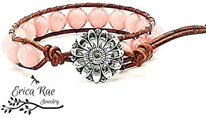 Morganite gemstone leather wrap flower bracelet