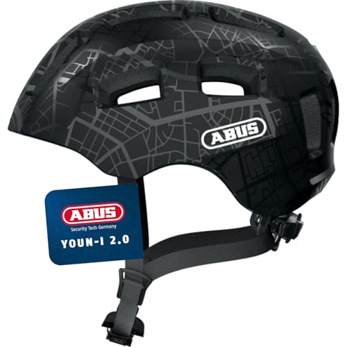 ABUS Fahrradhelm Youn-I 2.0 - mit Licht für Kinder, Jugendliche und junge Erwachsene - für Mädels und Jungs - Schwarz mit Muster, Größe S