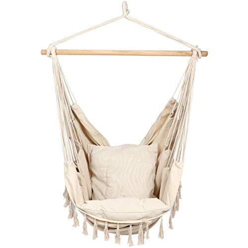 Hängesessel Beige, Hängestuhl, 2 Sitzkissen & Buchtasche inkl. Befestigungsset für Indoor & Outdoor 150kg (Beige), Hänge… – Bild 5