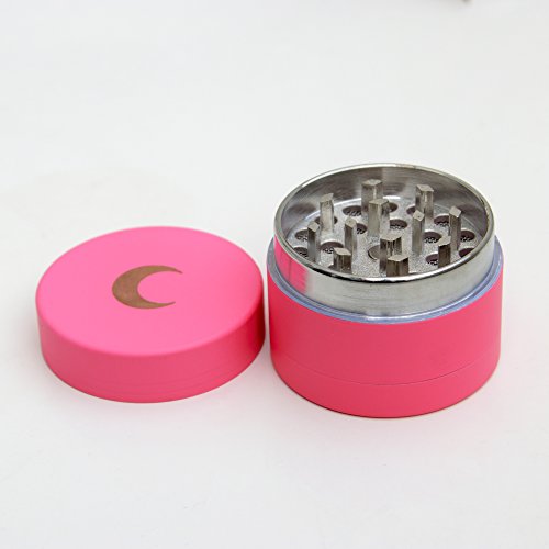 Small Matte Pink Spice Herb Grinder (1.5 inch) Gold Moon Engraving with Pollen Catcher and Scraper Magnetic Seal Perfect for Purse, Pouch or Small Bag