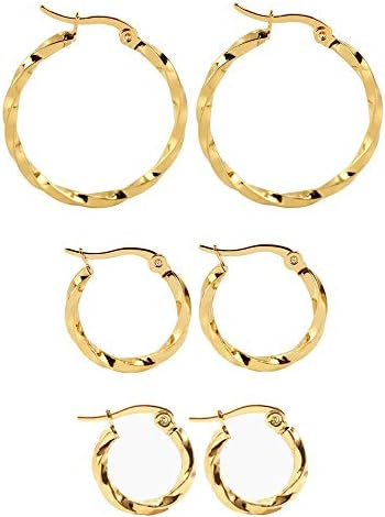 Mannli Hoop Earrings, 3 Pairs Stainless Steel Hypoallergenic Twisted Small Hoop Earrings Set for Women 15-30mm Rose Gold,Gold,Silver,Black