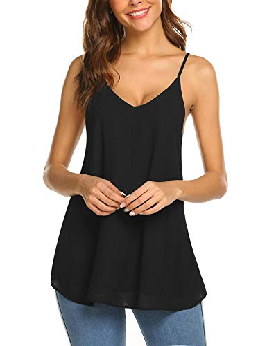 SUNAELIA Women Sleeveless Strap Tank Top Camisole Chiffon Summer V Neck Casual Solid Loose Blouse Shirts Black - Thumbnail 2