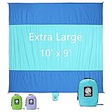 WEKAPO Sand Proof Beach Blanket, Extra Large Oversized 10’X 9′ Beach Mat, Big & Compact Sand Free Mat Quick Drying, Lightweight & Durable with 6 Stakes & 4 Corner Pockets