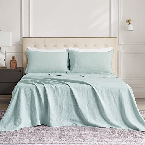DAPU Pure Linen Sheets Set, 100% Yarn-Dyed French Linen, Breathable and Durable for Hot Sleepers, 3 Pcs Set - 1 Flat Sheet, 1 Fitted Sheet, 1 Pillowcase (Pastel Green, Twin)