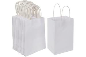Oikss 100 Pack 5.25x3.25x8.25 Inch Small White Kraft Paper Bags with Handles Bulk for Birthday Wedding Party Favors Grocery Retail Shopping Business Goody Craft Gift Bags Cub Sacks (100pcs Count)