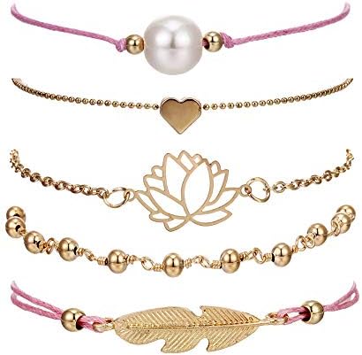 Beaded Bracelets for Women - Adjustable Charm Pendent Stack Bracelets For Women Girl Friendship Gift Rose Quartz Bracelet Links with Pearl Gold Plated