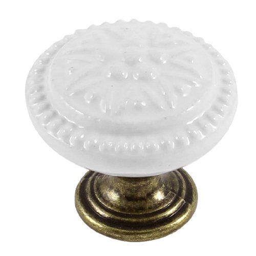 Home White Flower Pattern Bronze Tone Metal Base Drawer Knob Pull Handle Grip