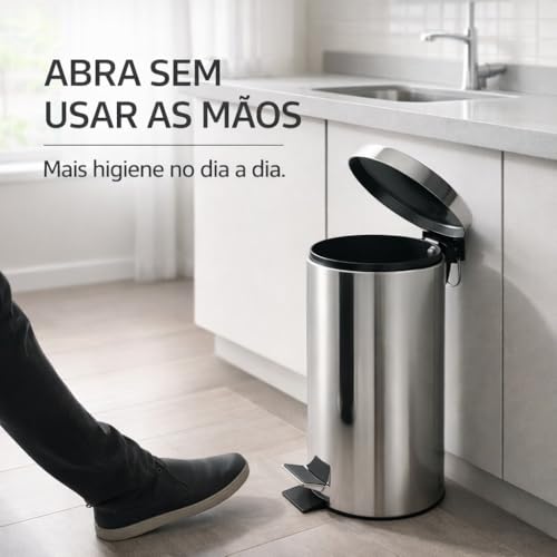 Lixeira Inox 12L com Pedal e Tampa Redonda 40cm Abertura Sem Mãos Compacta para Cozinha Banheiro Escritório Fácil Limpeza