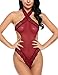 Avidlove Women Halter Lingerie Teddy Lace Mesh Babydoll Mini Bodysuit Dark Red M