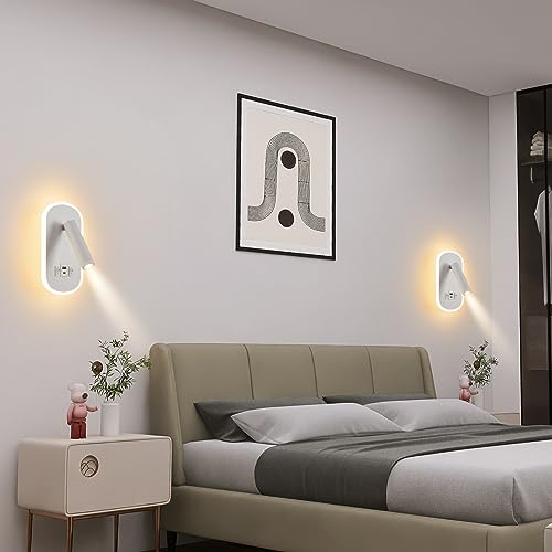 LED Reading Lamp with Switch, USB Charging Port + Type C Reading Light, 3W 3000K+9W 6000K Rotatable Wall Light for Reading, Indoor Inblack Wall Lighting, Night Lamp Bedroom Hotel