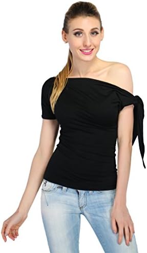 Lolichy Women's Tied One Shoulder Off Short Sleeve Sexy Black T Shirts S