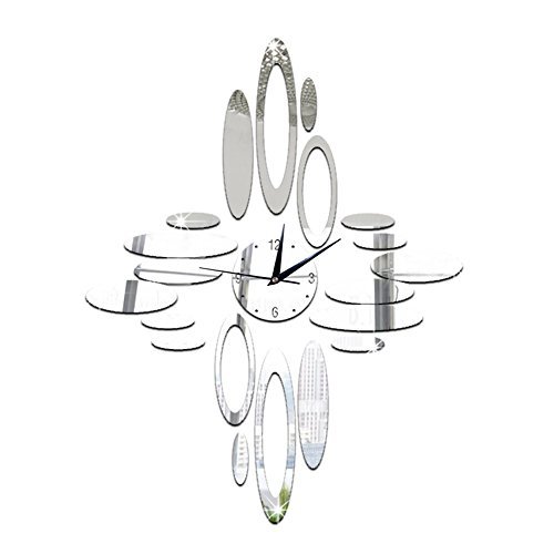 Happy Hours - Modern Oval Mirror Wall Clock / 3D Home Decoration Sticker Design Bell / Removable Acrylic Decal Watch(Silver)