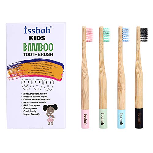 Isshah Children Size Biodegradable Handle BPA Free Eco Friendly Kids Natural Bamboo Toothbrush, Pack of 4 (Germany Imported Spiral Soft Nylon Bristles)...