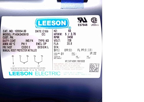 New Leeson Electric Motor 5hp 1ph 230Volt 145T 3450 rpm 7/8" shaft - 120554
