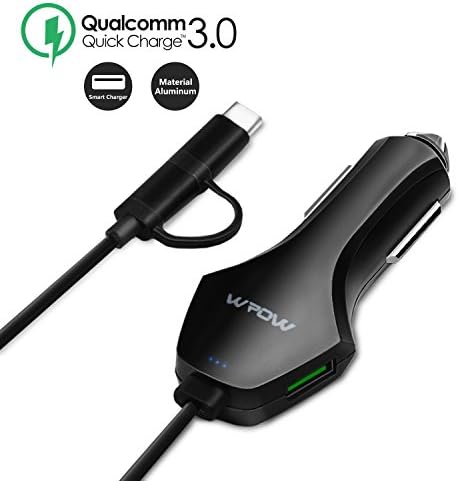 WPOW Car Charger with Quick Charge 3.0 Technology for Samsung LG &amp; Dual-Port &amp; 1.2 meter spiral cable(micro+ Type C) Adapter for iPhone 7/7plus, Samsung S7/S6/S6 Edge, Nexus 6P/5X HTC (Black)
