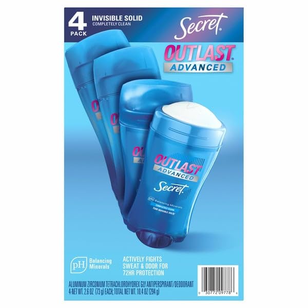 Photo 1 of Secret Outlast Advanced Antiperspirant Deodorant 2.6oz, 4-Pack, Sweat & Odor Protection for Women, PH Balancing Minerals, Invisible Solid Completely Clean