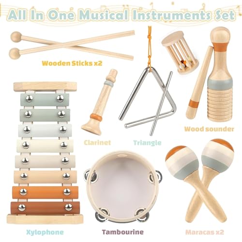 AM ANNA Toddler Musical Instruments, Montessori Toys for 1 year old, Musical toys for Toddlers 1-3 with Modern Boho Xylophone for Kids ,Natural Wooden Percussion Instruments Toy for Boys and Girls