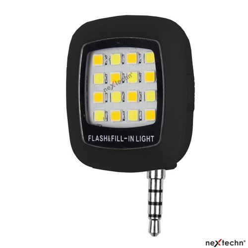 NextechnÂ® Black Portable Mini 3.5MM Jack 16 LED Night Using Selfie Enhancing Dimmable Flash Light Cellphone Camera Flash Fill-in Light Pocket Spotlight Photo Video Light For Android Smartphone and Tablets Camera Apple iPhone