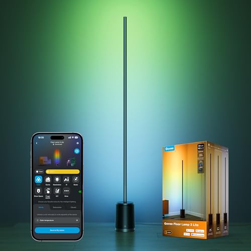 Govee Lampara de Pie 3 Lite RGBICWW, 1400lm Lámpara Salon de Pie LED Regulable 152cm, 2700K-6500K, Sincronización de Música,105+ Escenas y 12 Modos de Música, Compatible con Alexa y Matter, Negro