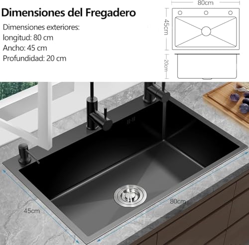 Fregadero De Cocina,80 * 45 * 20cm Tarjas para Cocina, Fregadero De Barra con Grifo y Escurridor de Platos, Fregadero De Barra con Dispensador de jabón, Fregaderos De Cocina para Baño Cocina